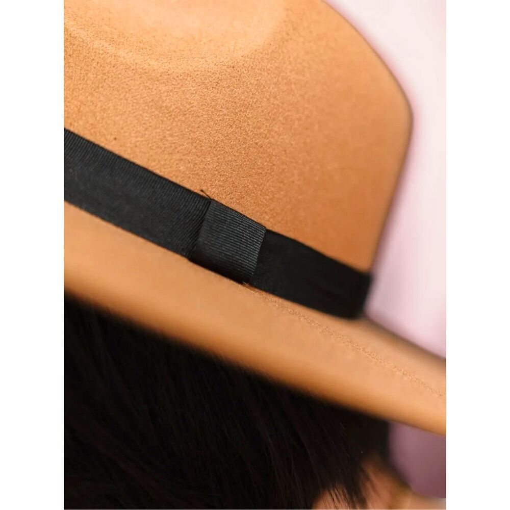 FAME Camel Wide Brim Fedora Hat | Tan Boho Rancher Western Black Ribbon NEW - Picture 9 of 14